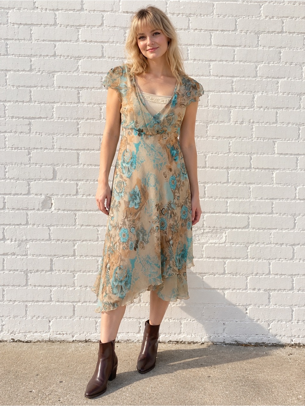 Vintage Y2K Womens Floral Midi Dress Size 10 Fairycore Boho Romantic Cottagecore